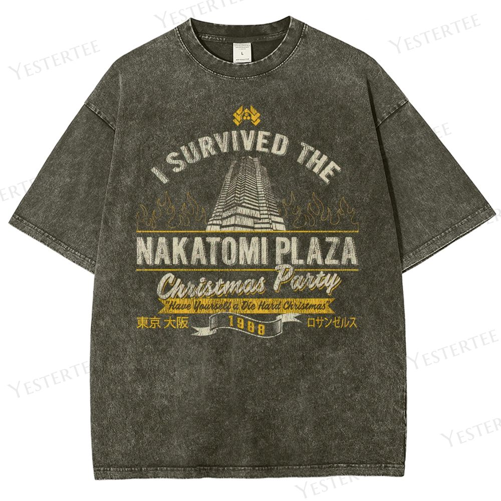 Retro "I Survived Nakatomi Plaza Christmas Party" Graphic Washed T-Shirt