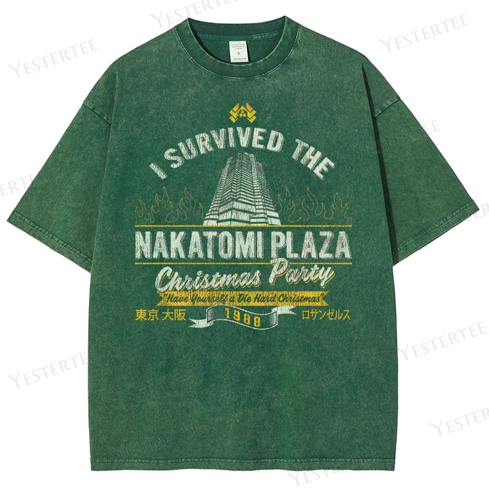Retro "I Survived Nakatomi Plaza Christmas Party" Graphic Washed T-Shirt