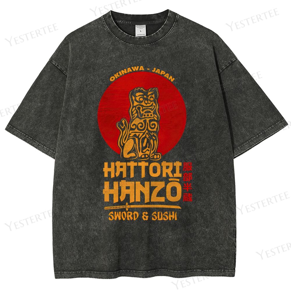 Retro "Hattori Hanzo Okinawa" Shishi Lion Graphic Washed T-Shirt