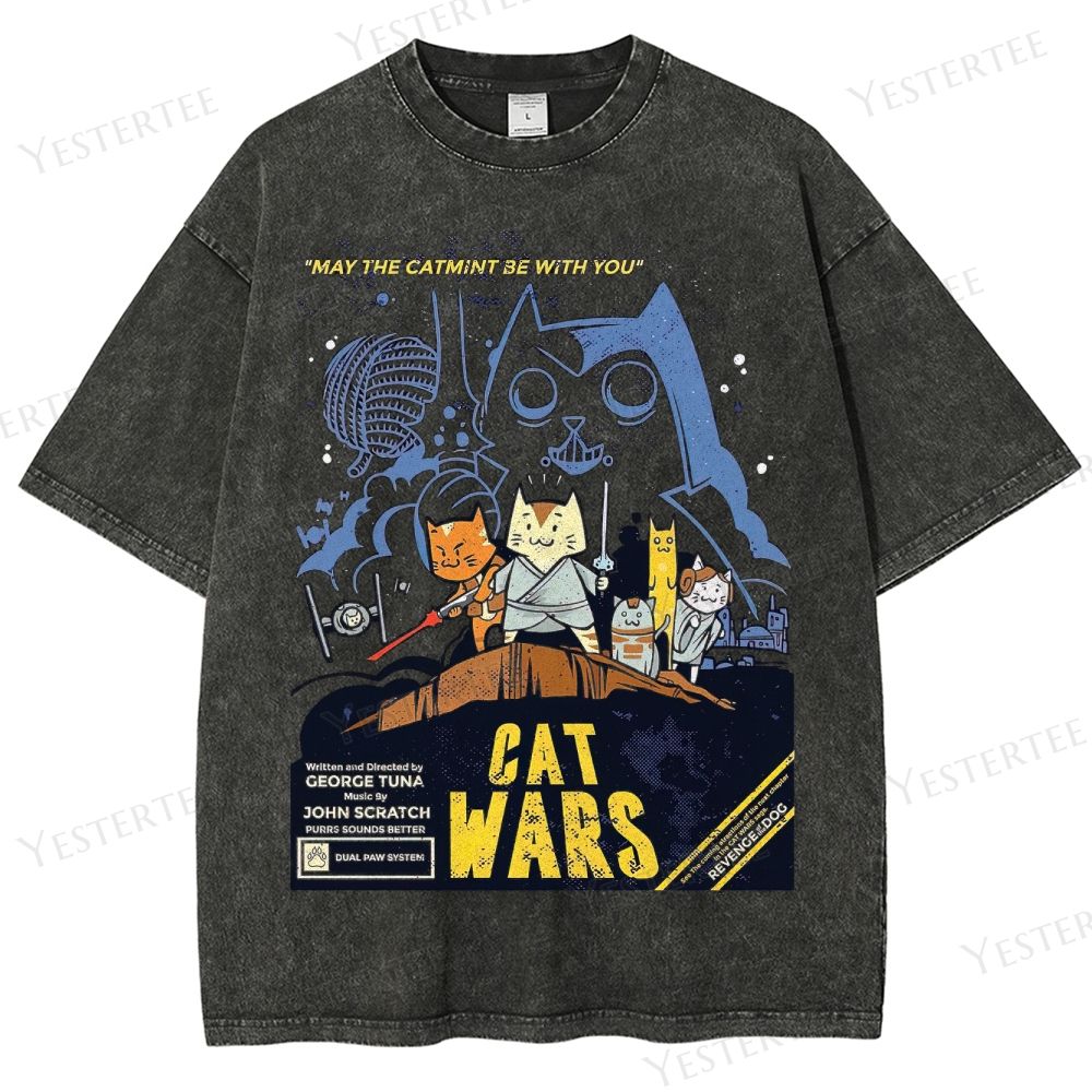 Retro "Cat Wars" Feline Space Graphic Washed T-Shirt