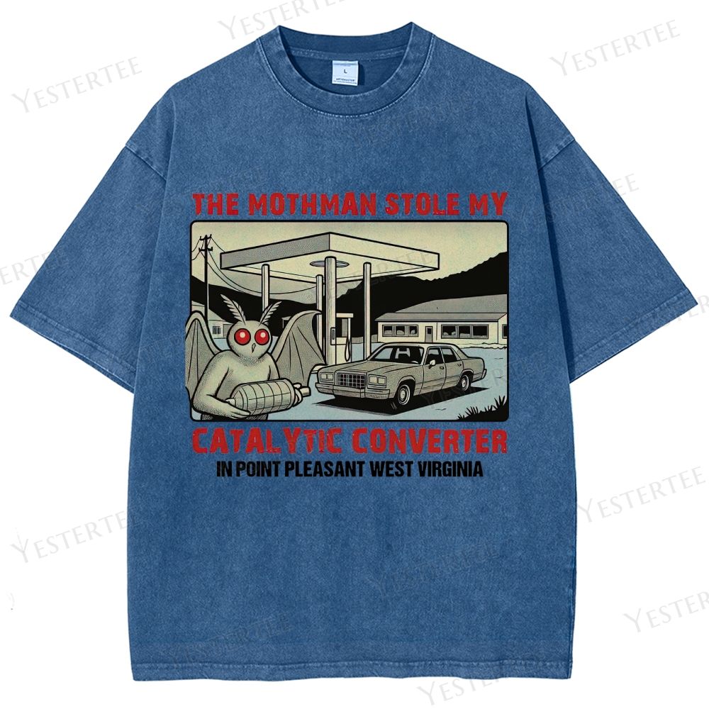 Retro "Mothman Stole My Catalytic Converter" Point Pleasant Graphic Washed T-Shirt