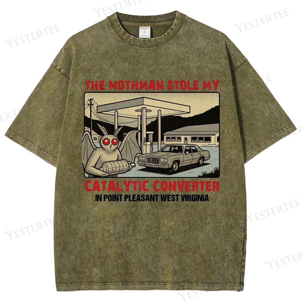 Retro "Mothman Stole My Catalytic Converter" Point Pleasant Graphic Washed T-Shirt