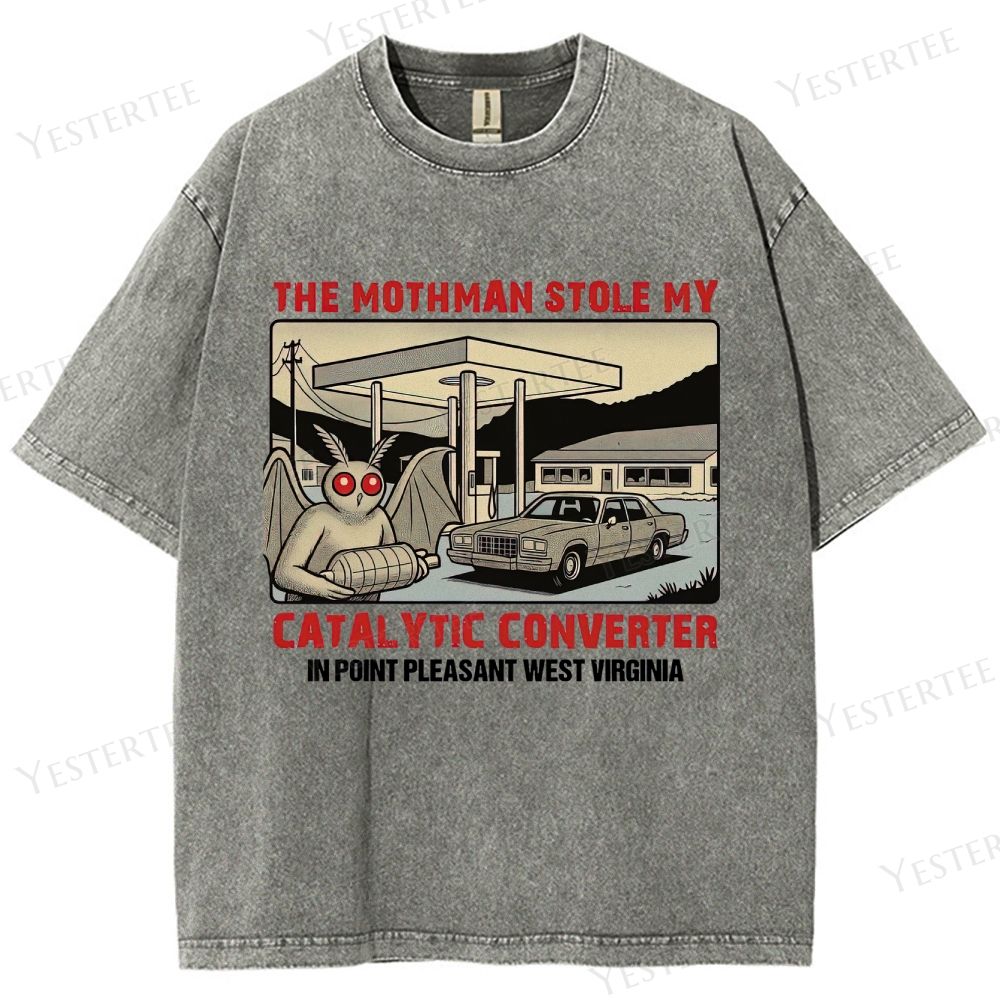 Retro "Mothman Stole My Catalytic Converter" Point Pleasant Graphic Washed T-Shirt