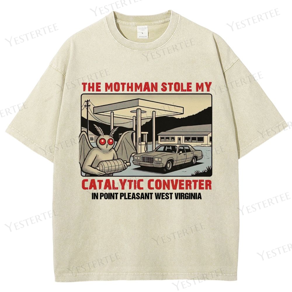 Retro "Mothman Stole My Catalytic Converter" Point Pleasant Graphic Washed T-Shirt
