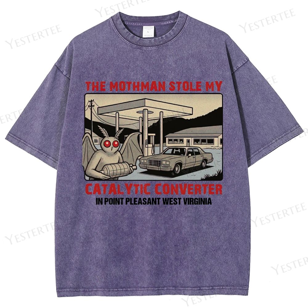 Retro "Mothman Stole My Catalytic Converter" Point Pleasant Graphic Washed T-Shirt