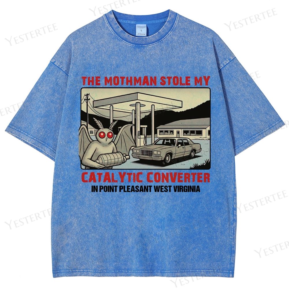 Retro "Mothman Stole My Catalytic Converter" Point Pleasant Graphic Washed T-Shirt