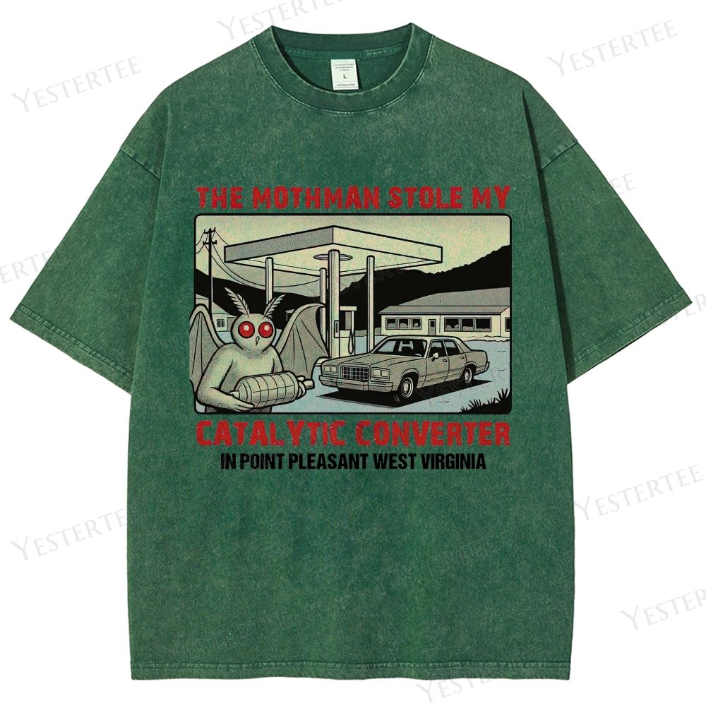 Retro "Mothman Stole My Catalytic Converter" Point Pleasant Graphic Washed T-Shirt