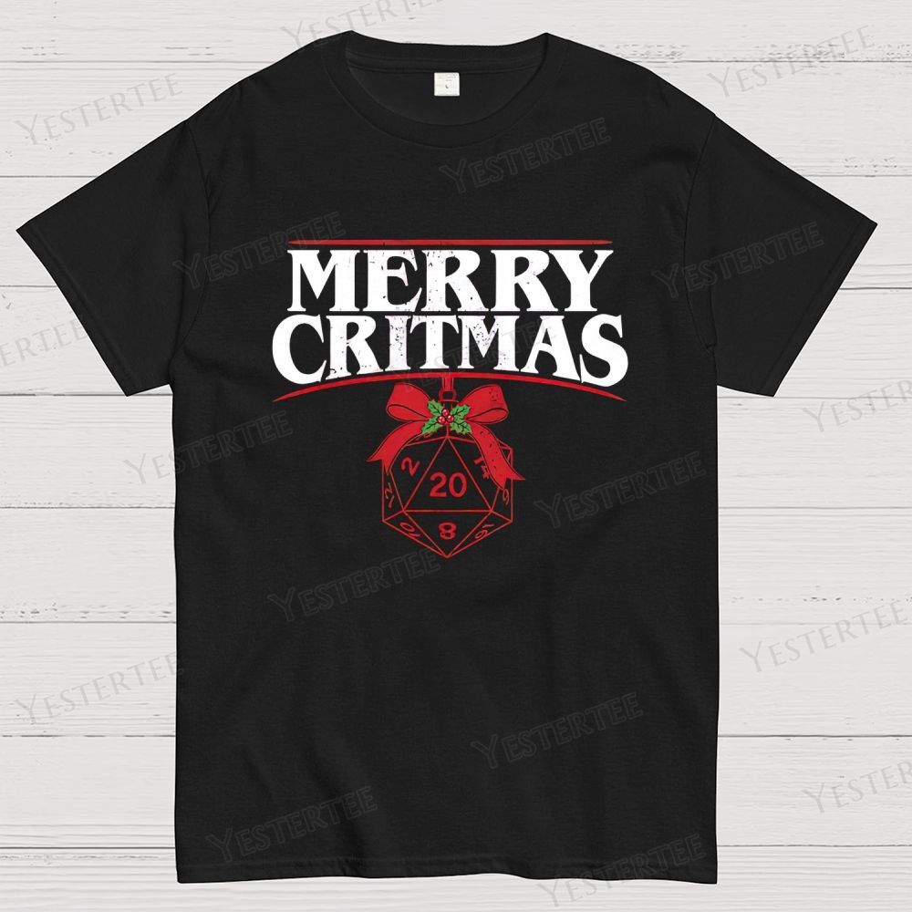 Retro "Merry Critmas" D20 Die Christmas Graphic Cotton T-shirt 