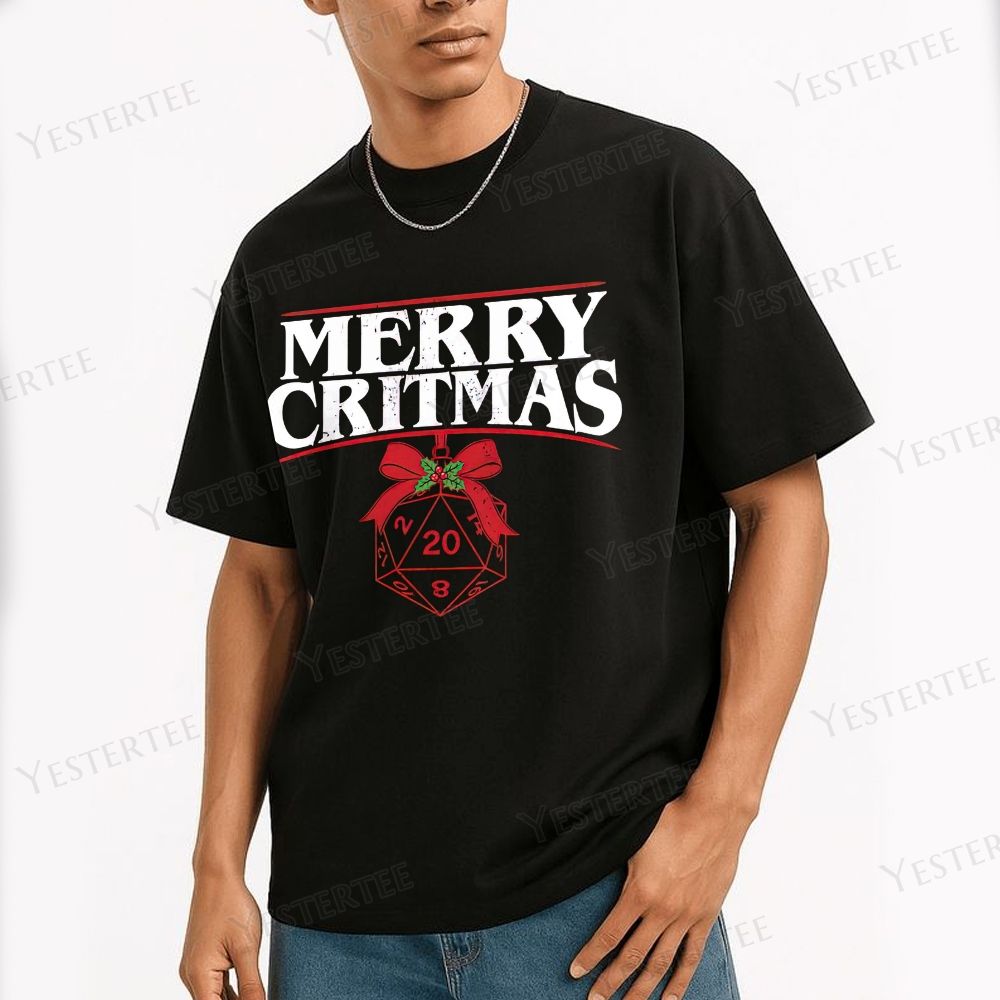 Retro "Merry Critmas" D20 Die Christmas Graphic Cotton T-shirt 