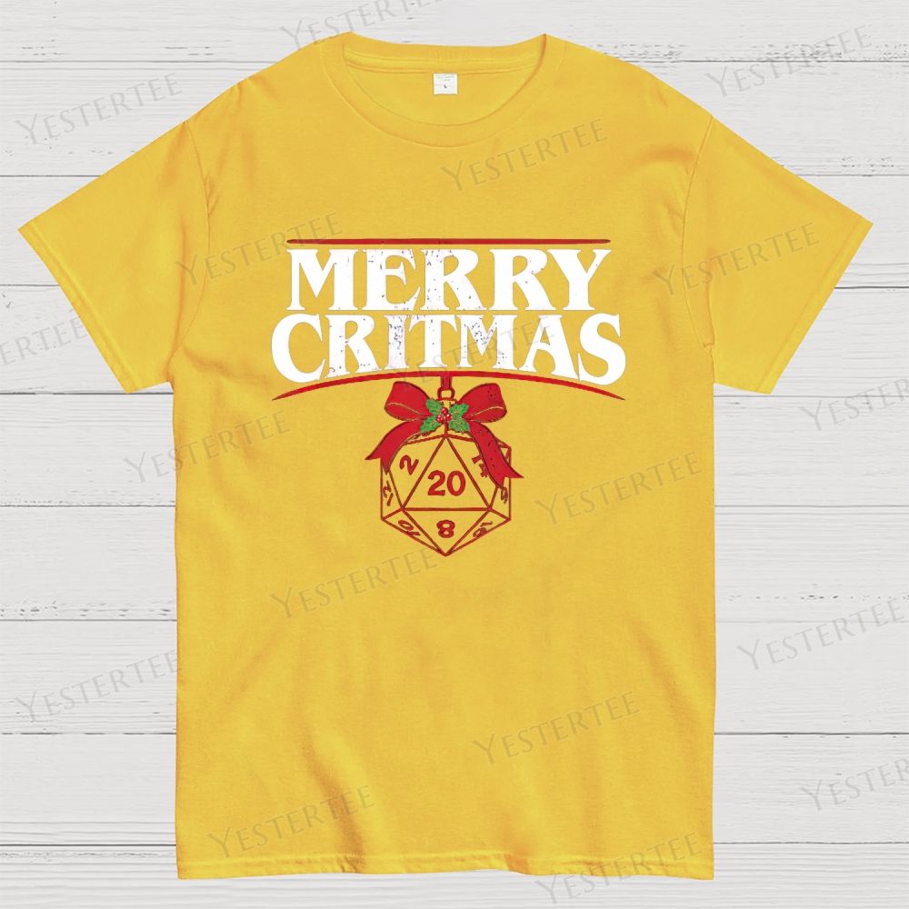 Retro "Merry Critmas" D20 Die Christmas Graphic Cotton T-shirt 