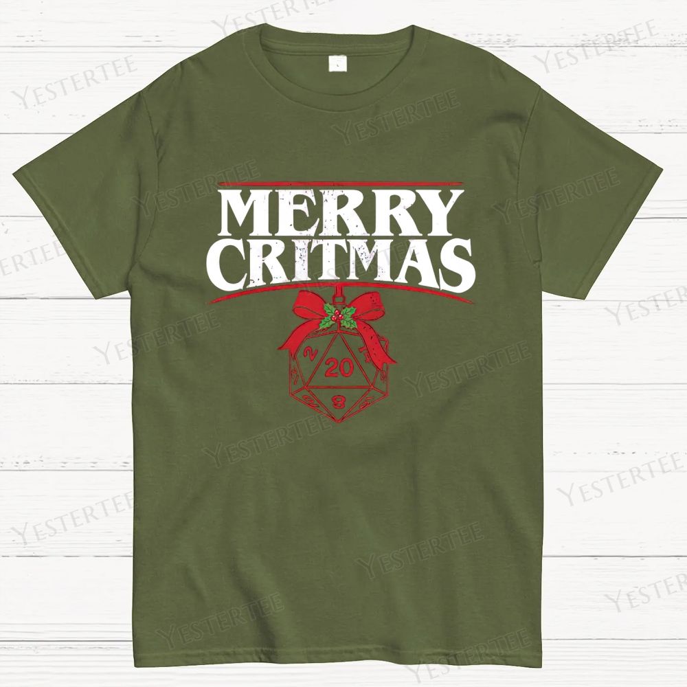 Retro "Merry Critmas" D20 Die Christmas Graphic Cotton T-shirt 