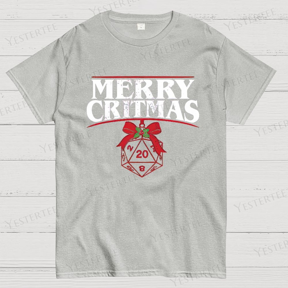 Retro "Merry Critmas" D20 Die Christmas Graphic Cotton T-shirt 