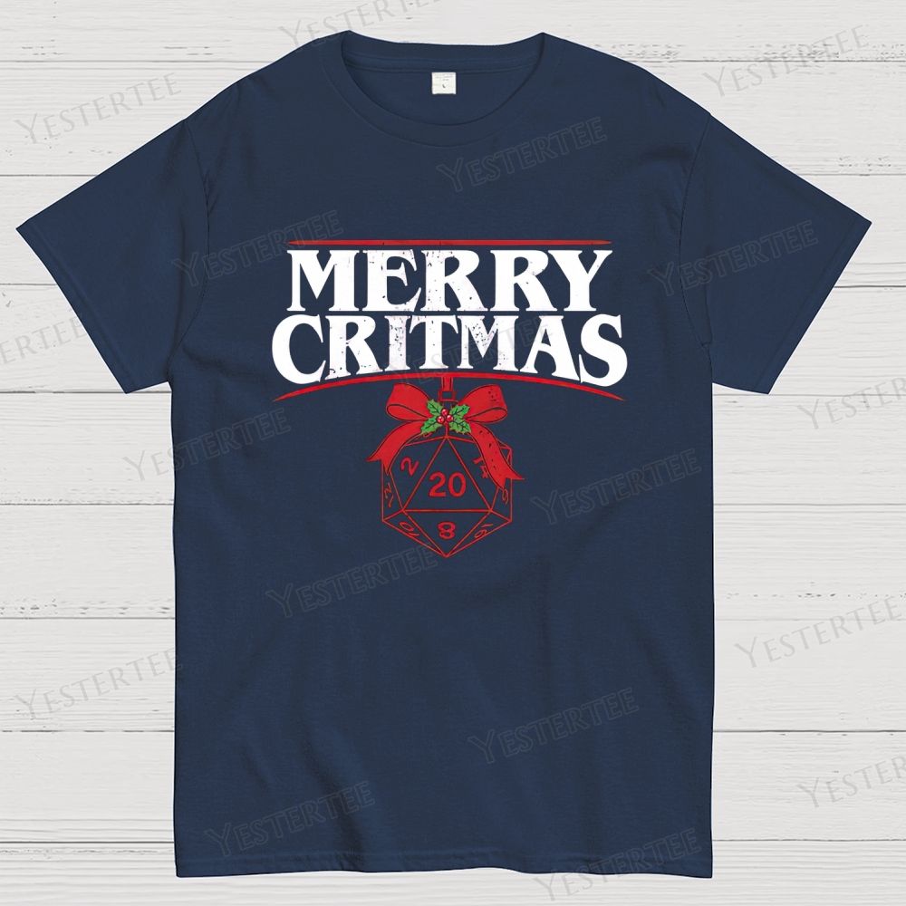 Retro "Merry Critmas" D20 Die Christmas Graphic Cotton T-shirt 