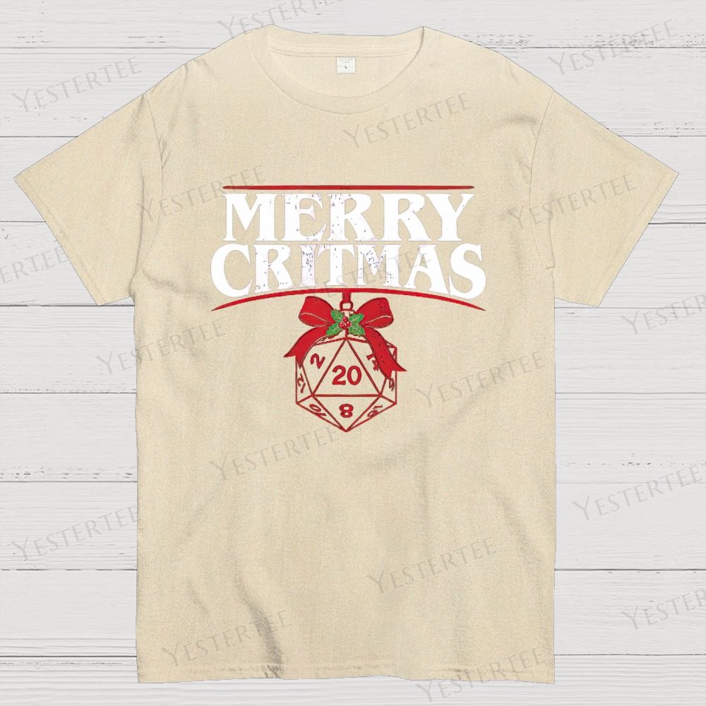 Retro "Merry Critmas" D20 Die Christmas Graphic Cotton T-shirt 