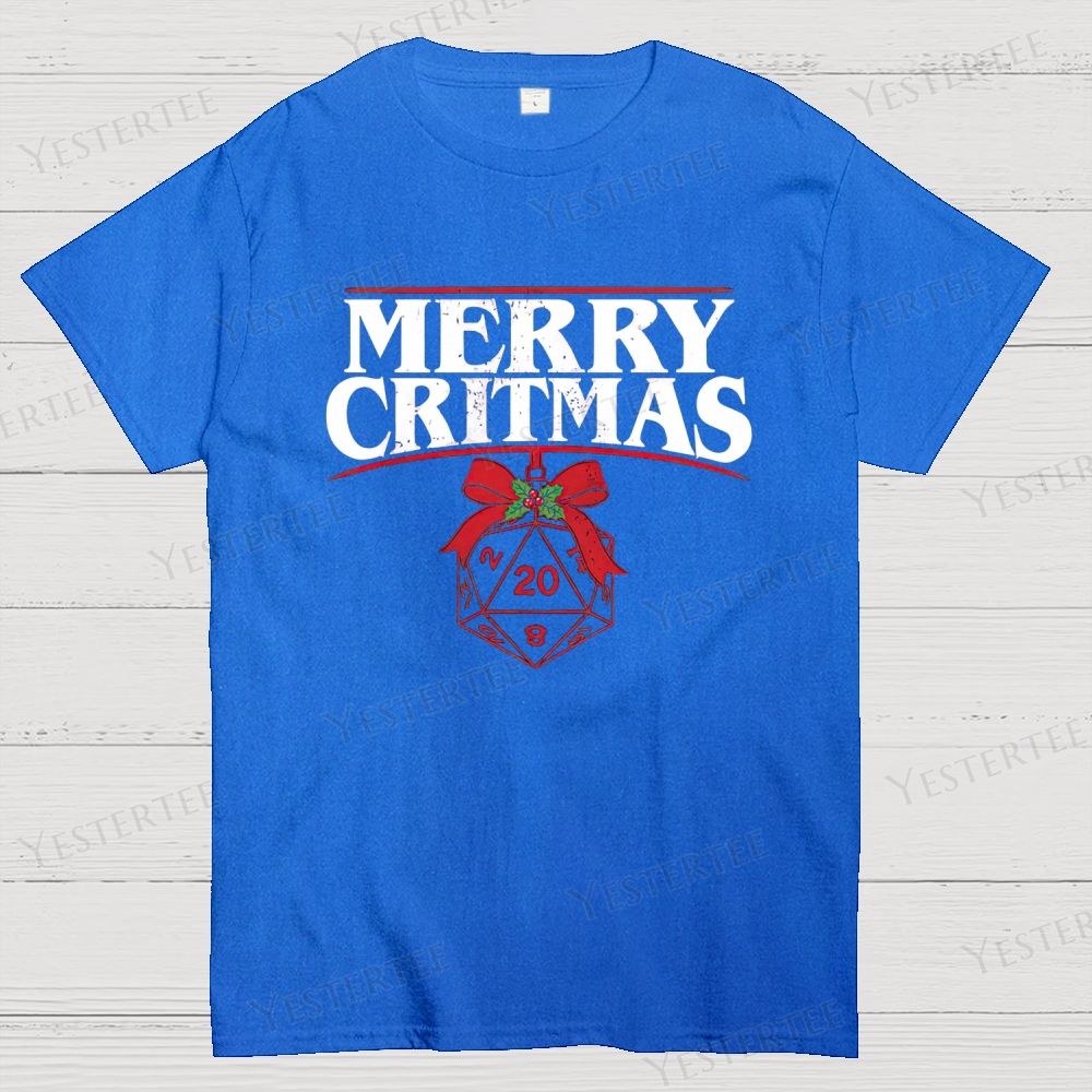 Retro "Merry Critmas" D20 Die Christmas Graphic Cotton T-shirt 