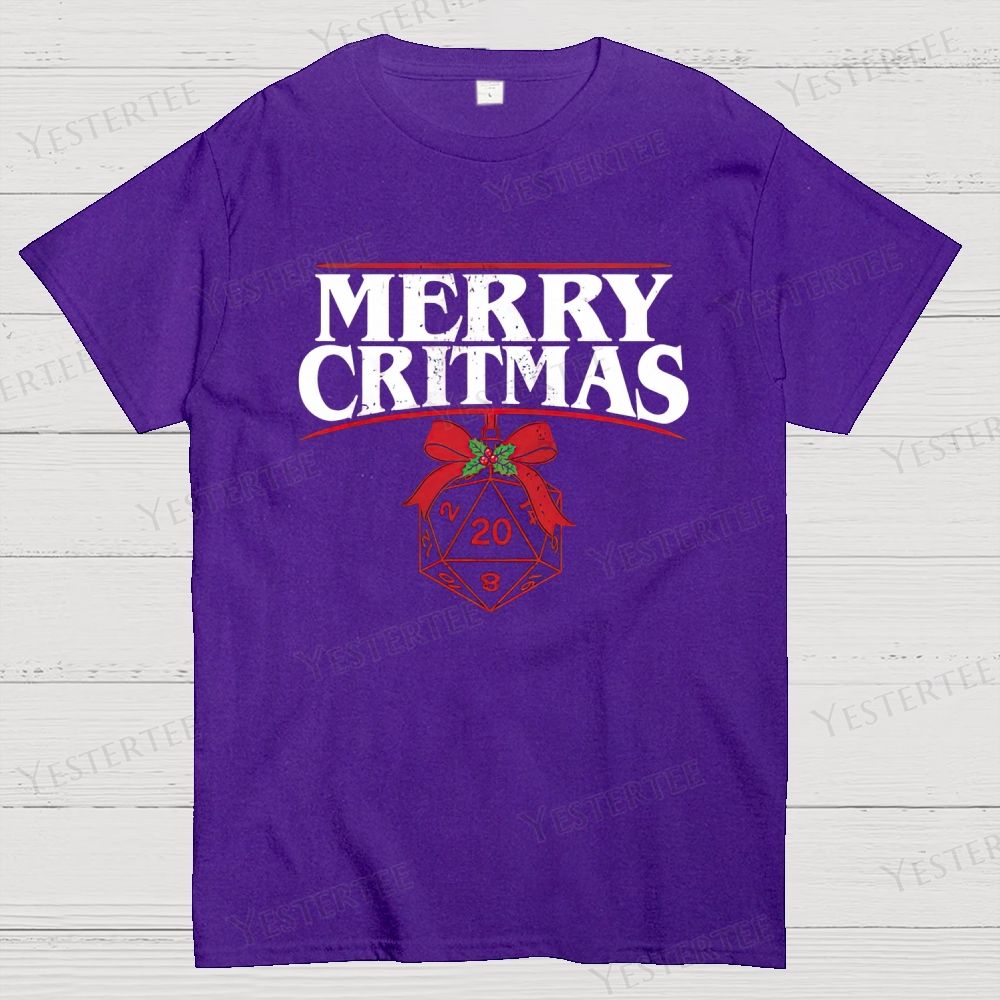 Retro "Merry Critmas" D20 Die Christmas Graphic Cotton T-shirt 