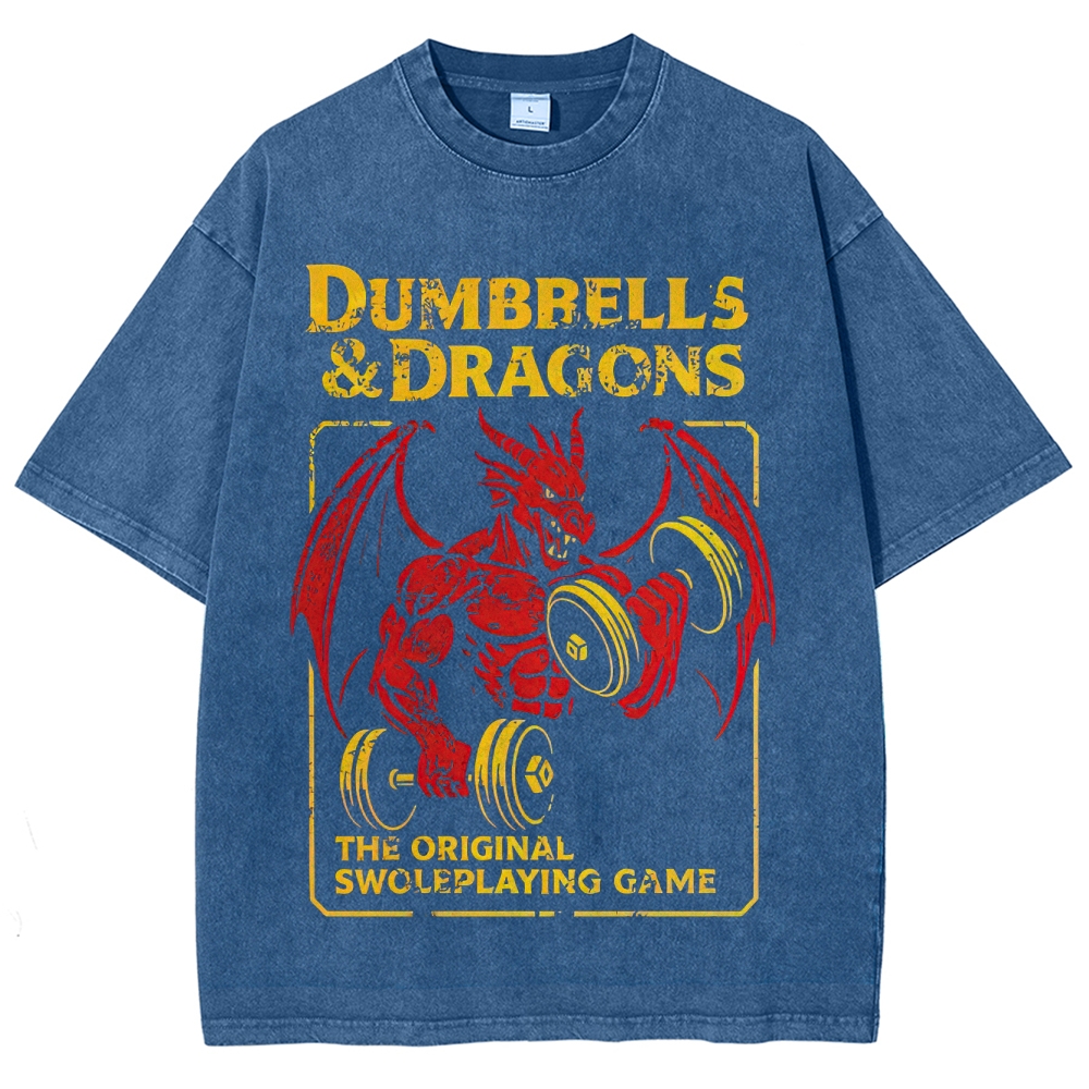 Retro "Dumbbells & Dragons" Muscular Dragon Graphic Washed T-Shirt