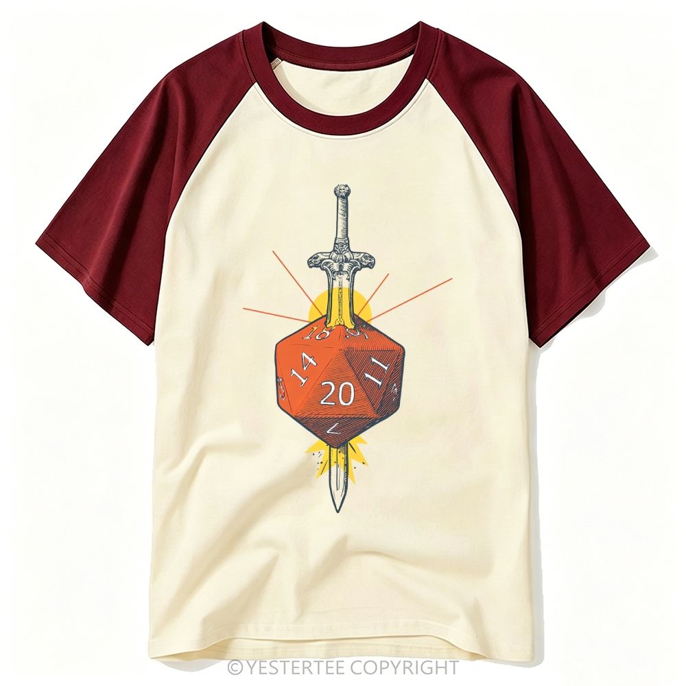 Engraved Sword Pierced Orange D20 Tabletop Dice Baseball T-shirt 