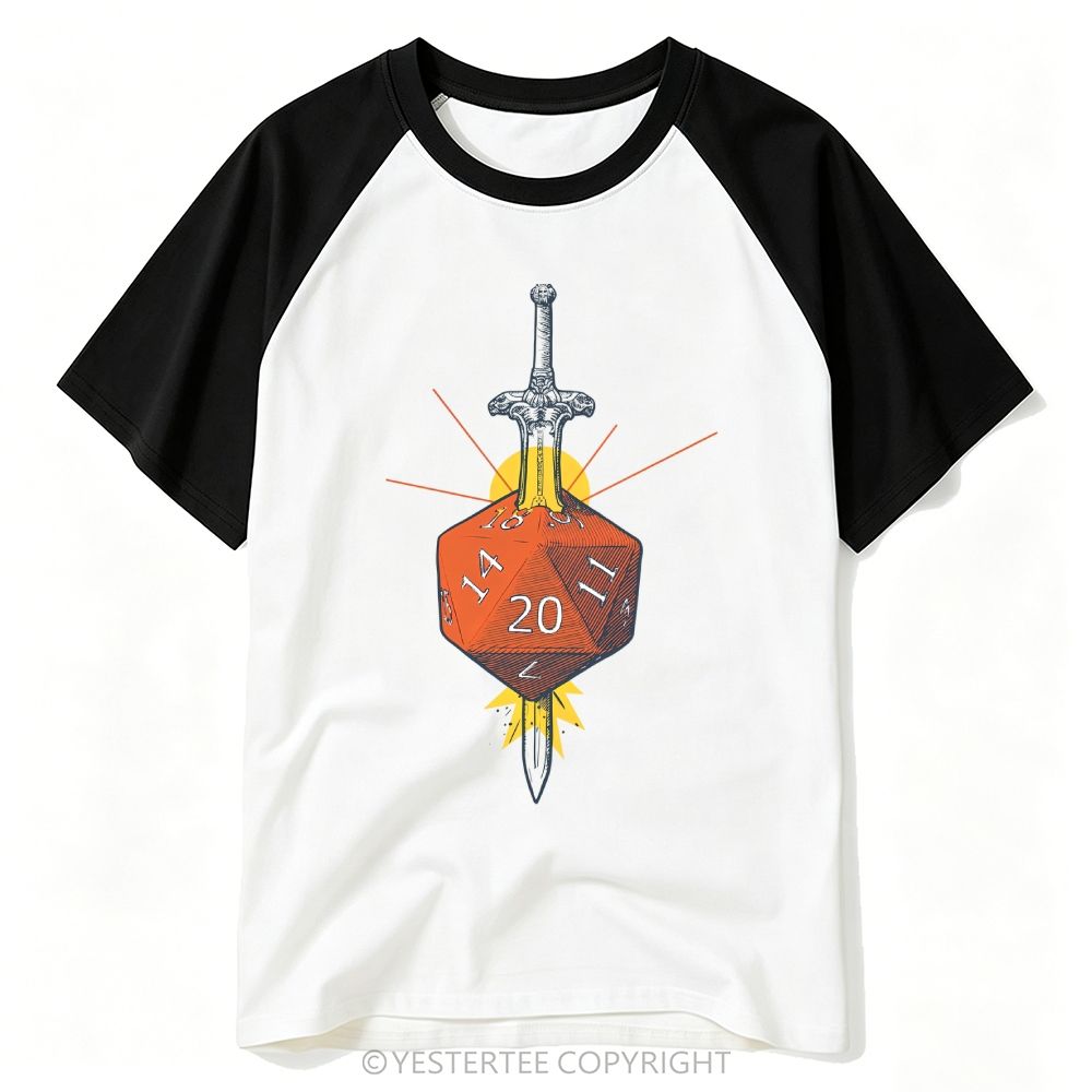 Engraved Sword Pierced Orange D20 Tabletop Dice Baseball T-shirt 
