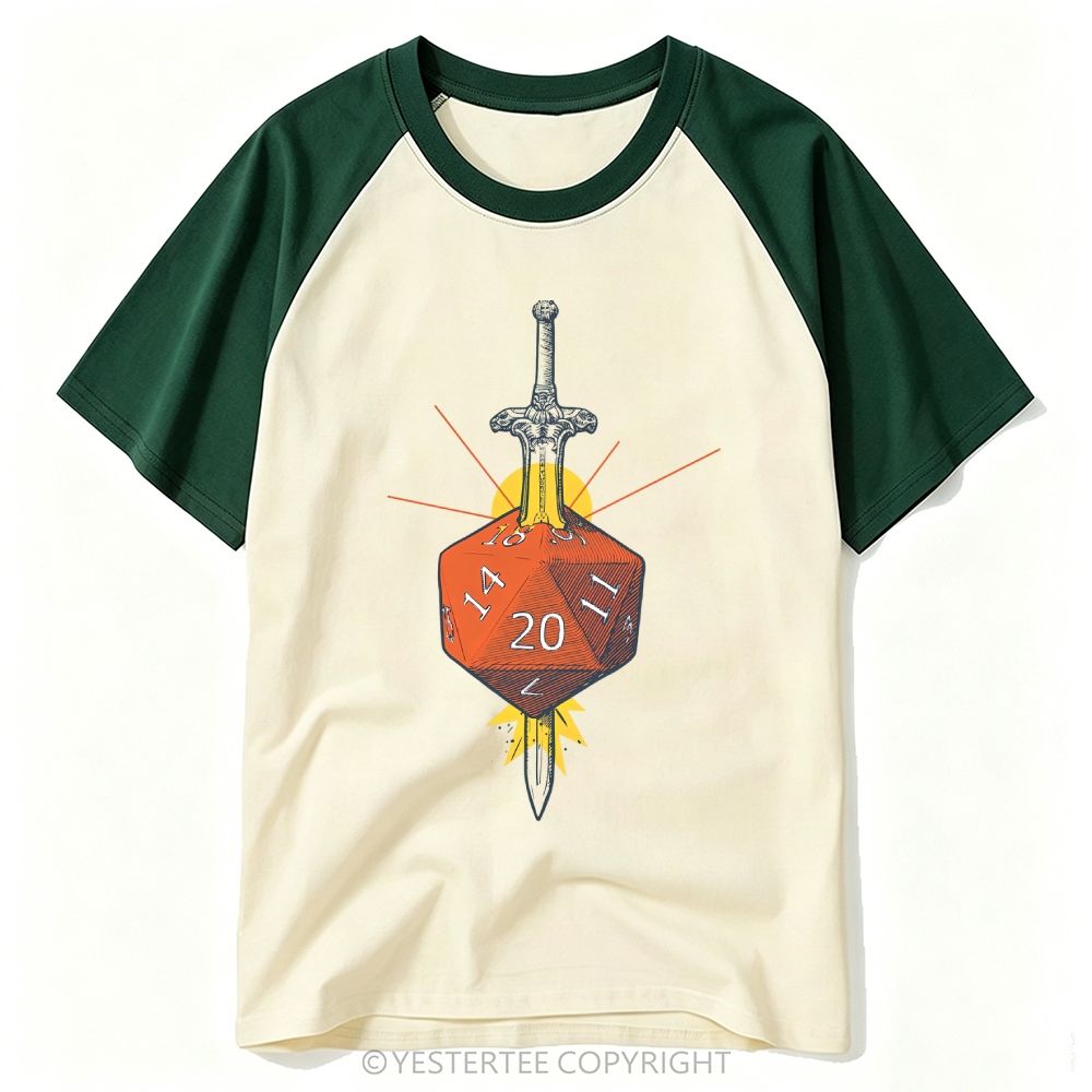 Engraved Sword Pierced Orange D20 Tabletop Dice Baseball T-shirt 