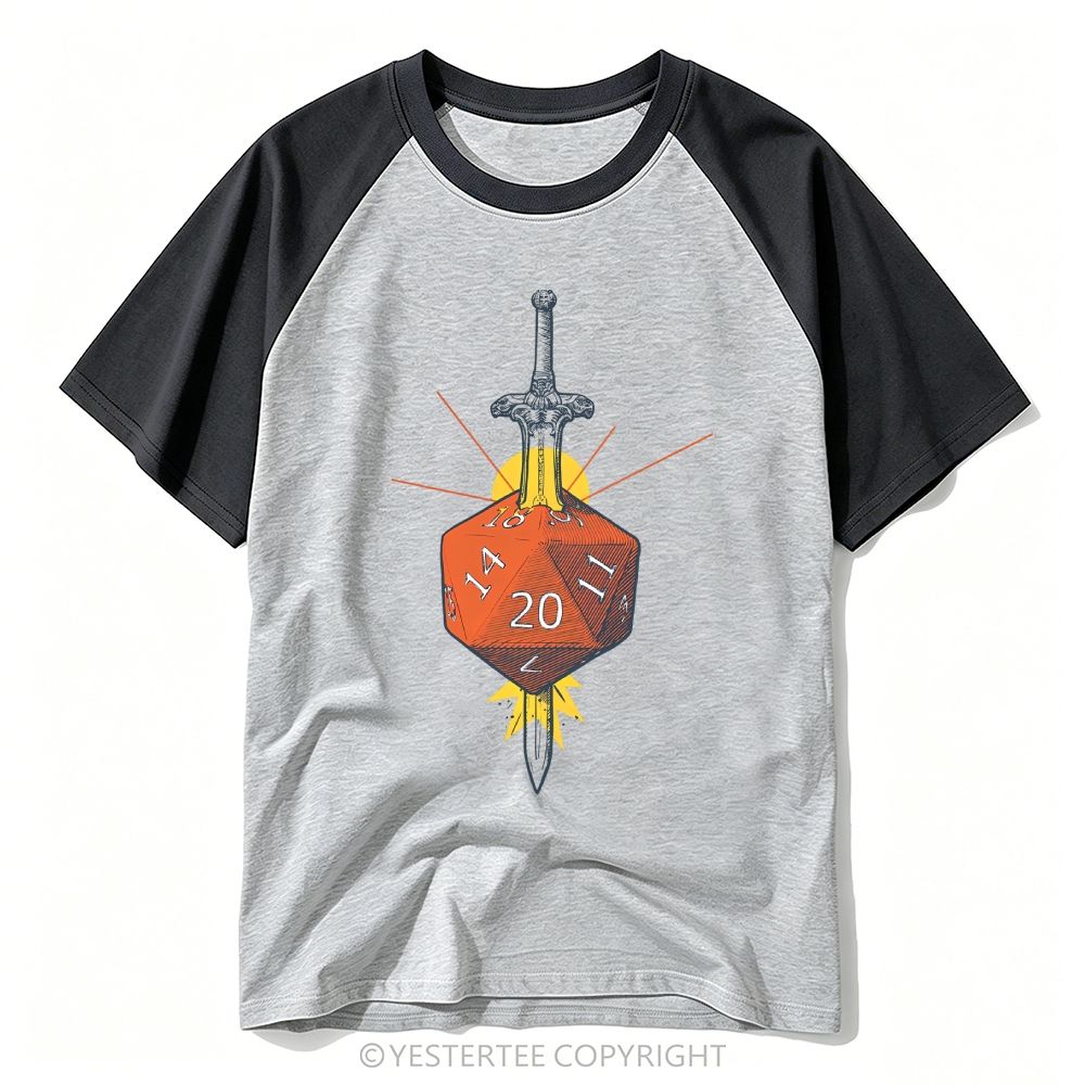 Engraved Sword Pierced Orange D20 Tabletop Dice Baseball T-shirt 