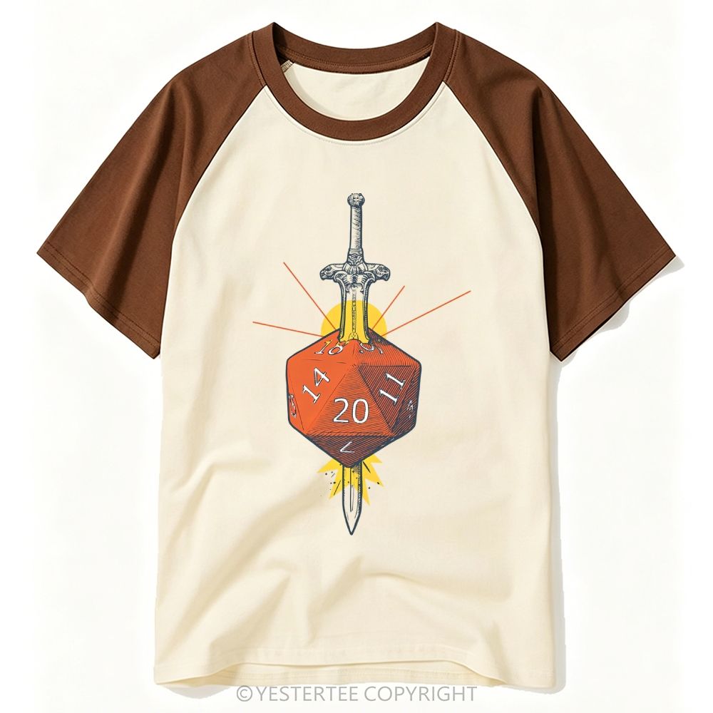 Engraved Sword Pierced Orange D20 Tabletop Dice Baseball T-shirt 