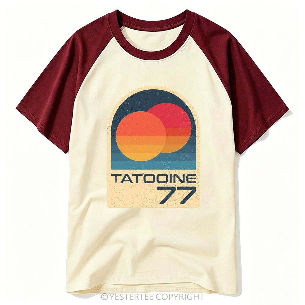Retro Two Sunset Planet Arch Badge "Tatooine 77" Baseball T-shirt