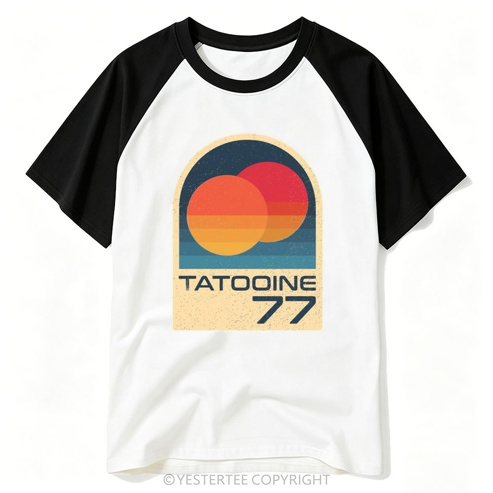Retro Two Sunset Planet Arch Badge "Tatooine 77" Baseball T-shirt