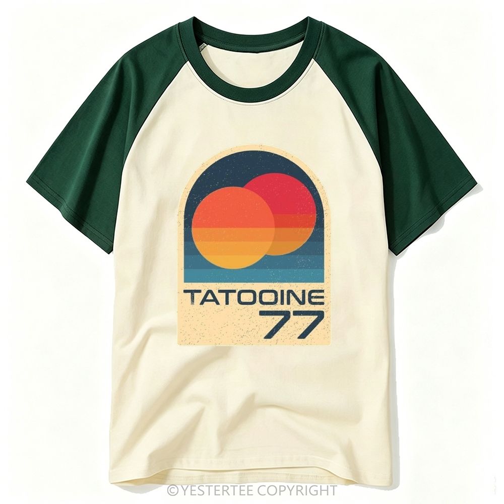 Retro Two Sunset Planet Arch Badge "Tatooine 77" Baseball T-shirt