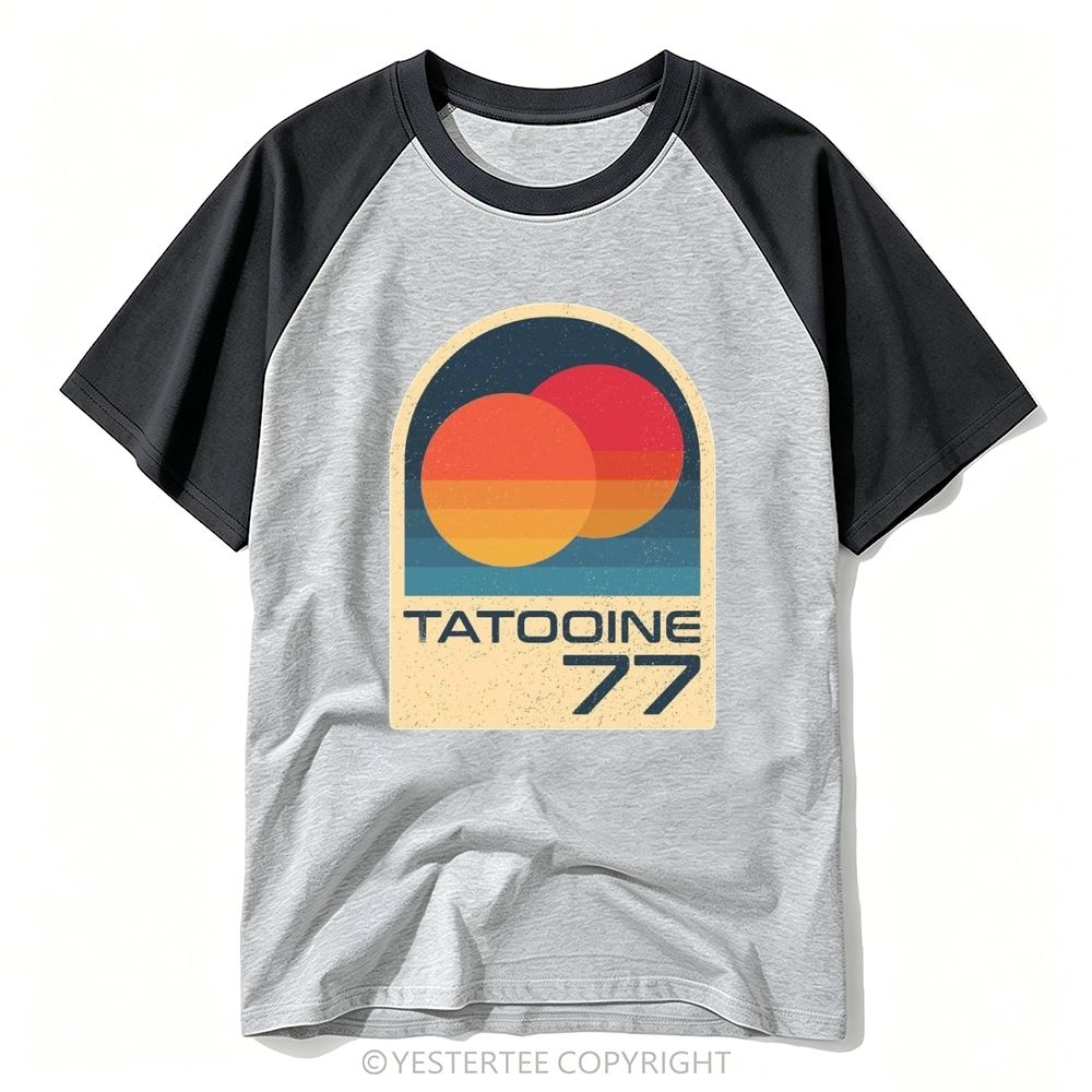 Retro Two Sunset Planet Arch Badge "Tatooine 77" Baseball T-shirt