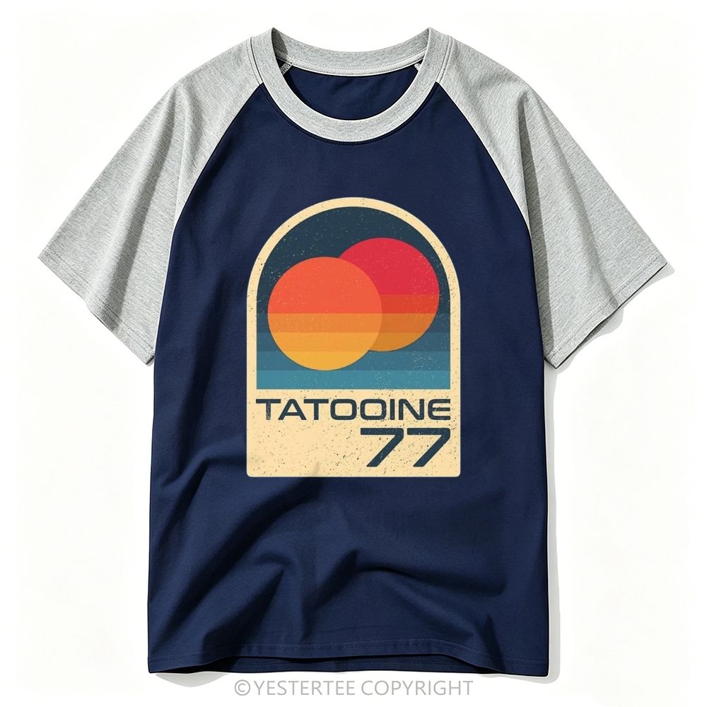 Retro Two Sunset Planet Arch Badge "Tatooine 77" Baseball T-shirt