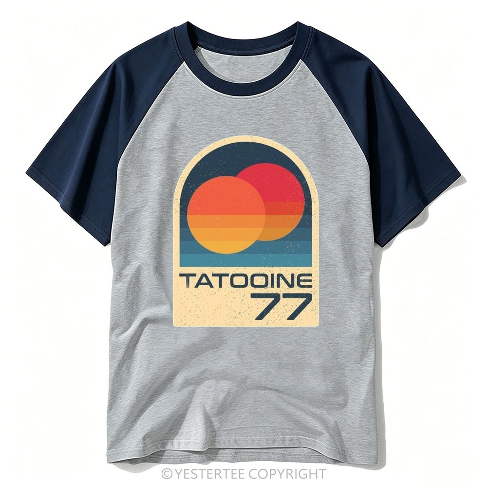 Retro Two Sunset Planet Arch Badge "Tatooine 77" Baseball T-shirt