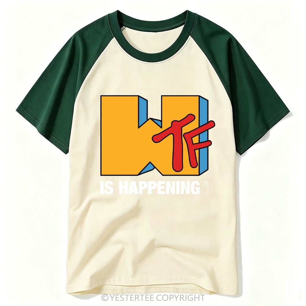 Parody Retro Music Logo "WTF Is Happening" Baseball T-shirt