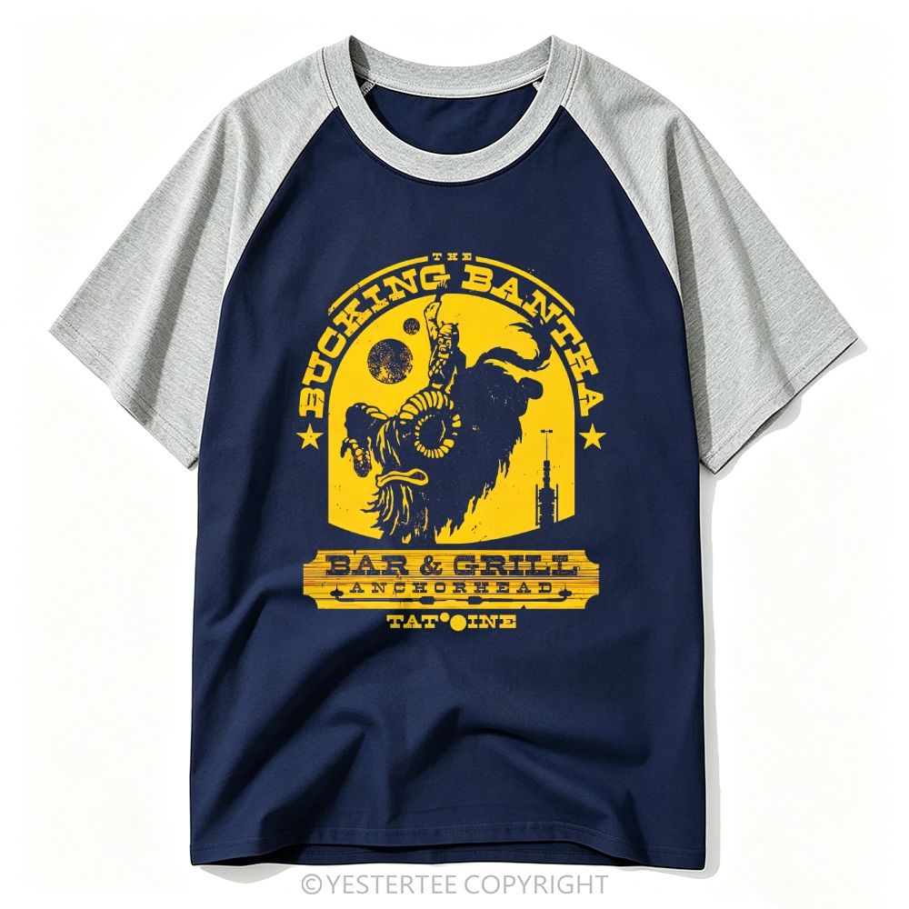 Western Bar Grill Circular Badge Space Creature Baseball T-shirt