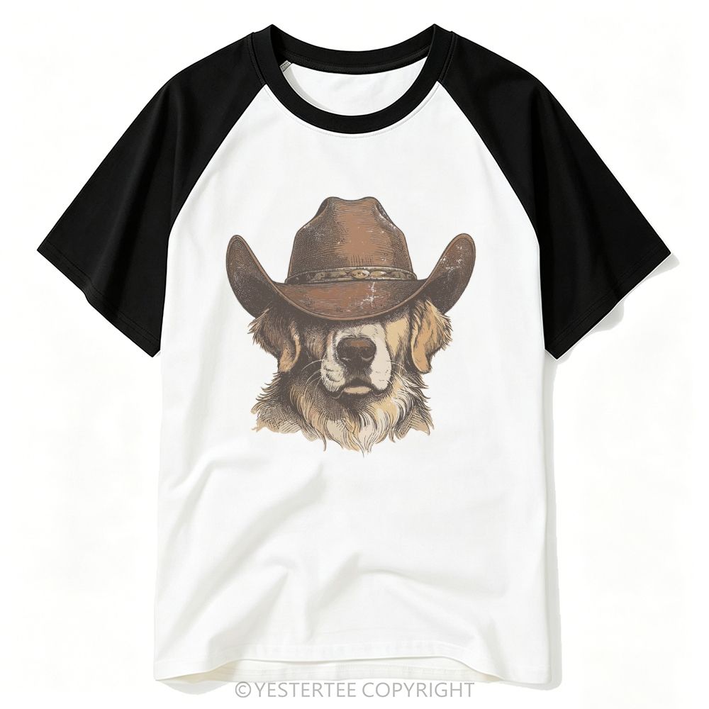 Engraved Cowboy Golden Retriever Western Portrait Baseball T-shirt 