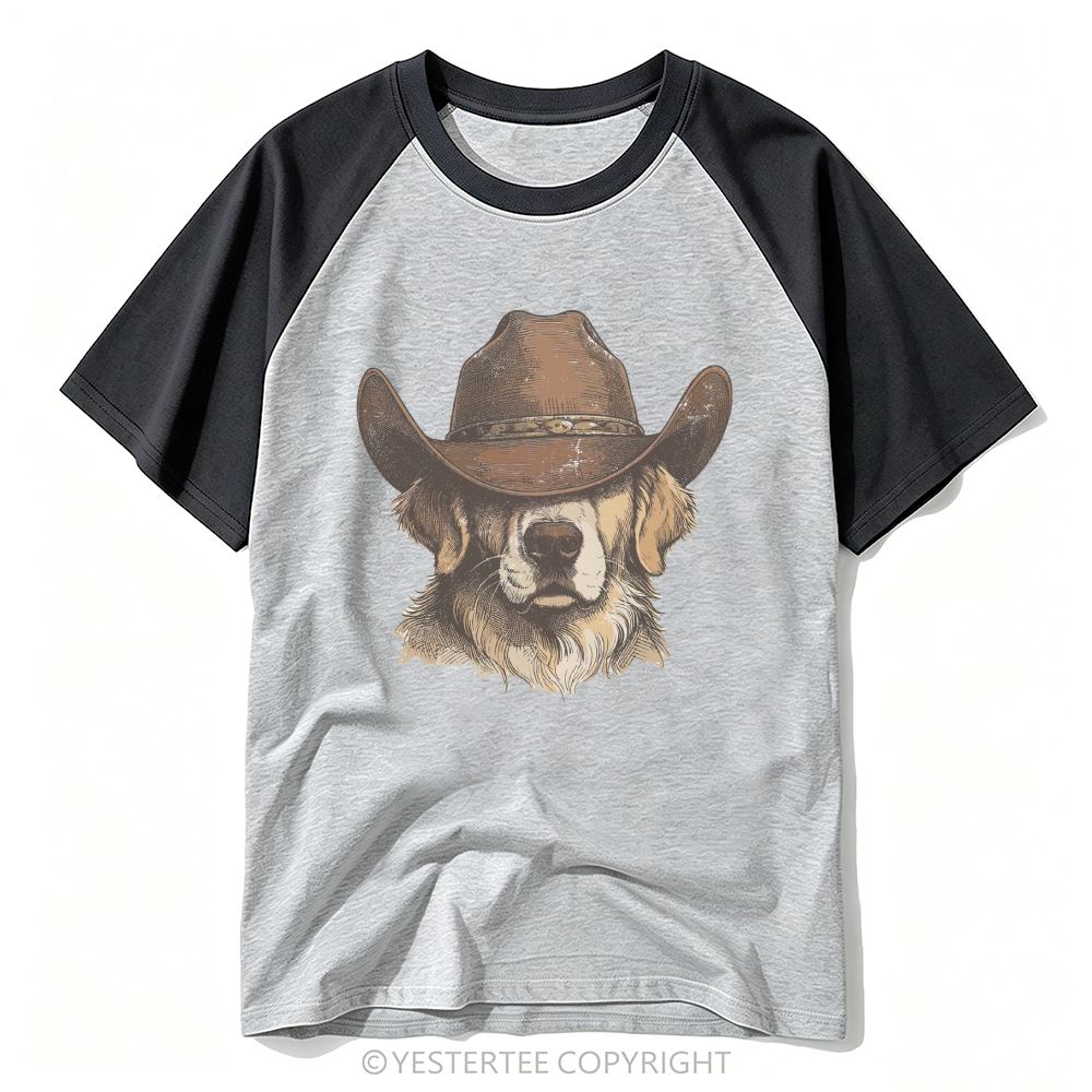 Engraved Cowboy Golden Retriever Western Portrait Baseball T-shirt 