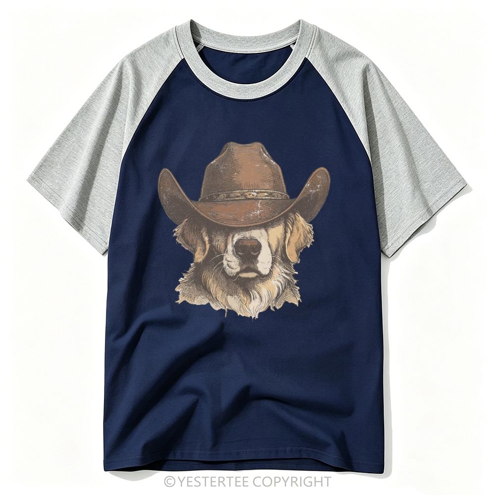 Engraved Cowboy Golden Retriever Western Portrait Baseball T-shirt 