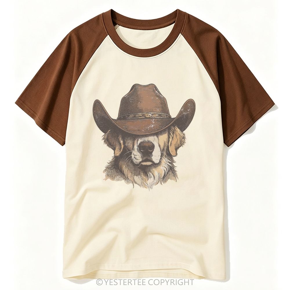 Engraved Cowboy Golden Retriever Western Portrait Baseball T-shirt 