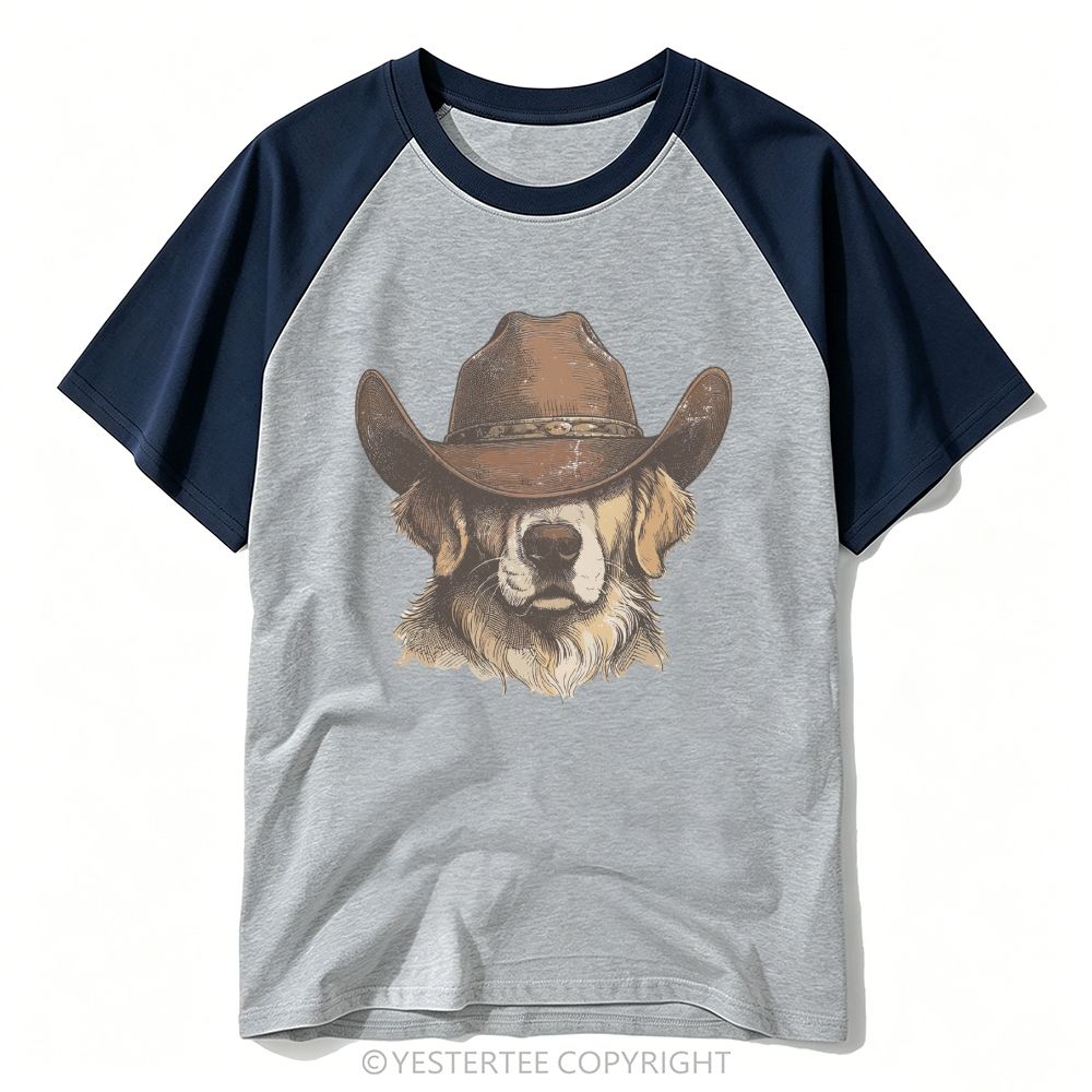Engraved Cowboy Golden Retriever Western Portrait Baseball T-shirt 
