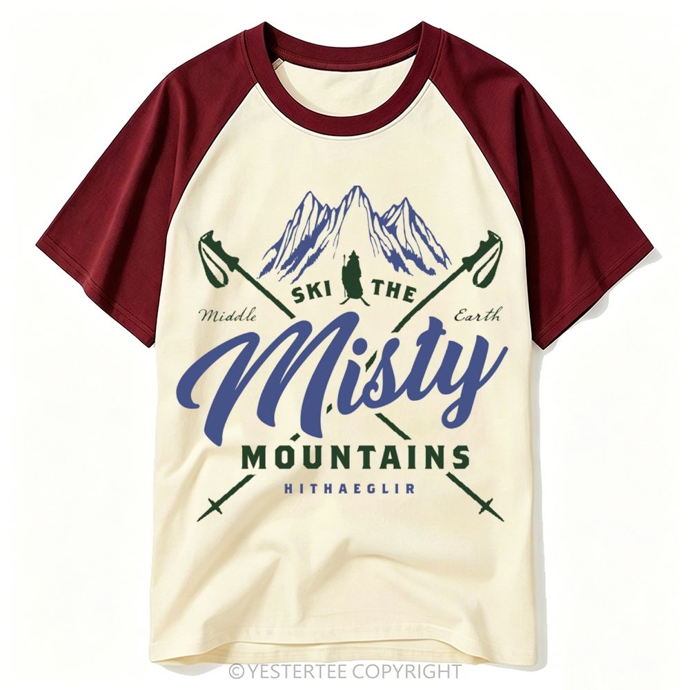 Mountain Ski Vintage Sword Cross "Ski The Misty Mountains" Baseball T-shirt