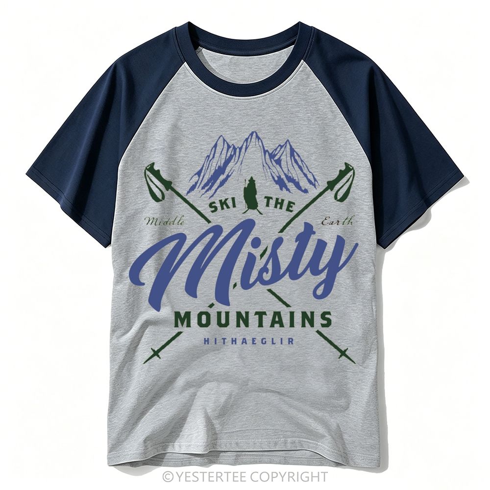 Mountain Ski Vintage Sword Cross "Ski The Misty Mountains" Baseball T-shirt