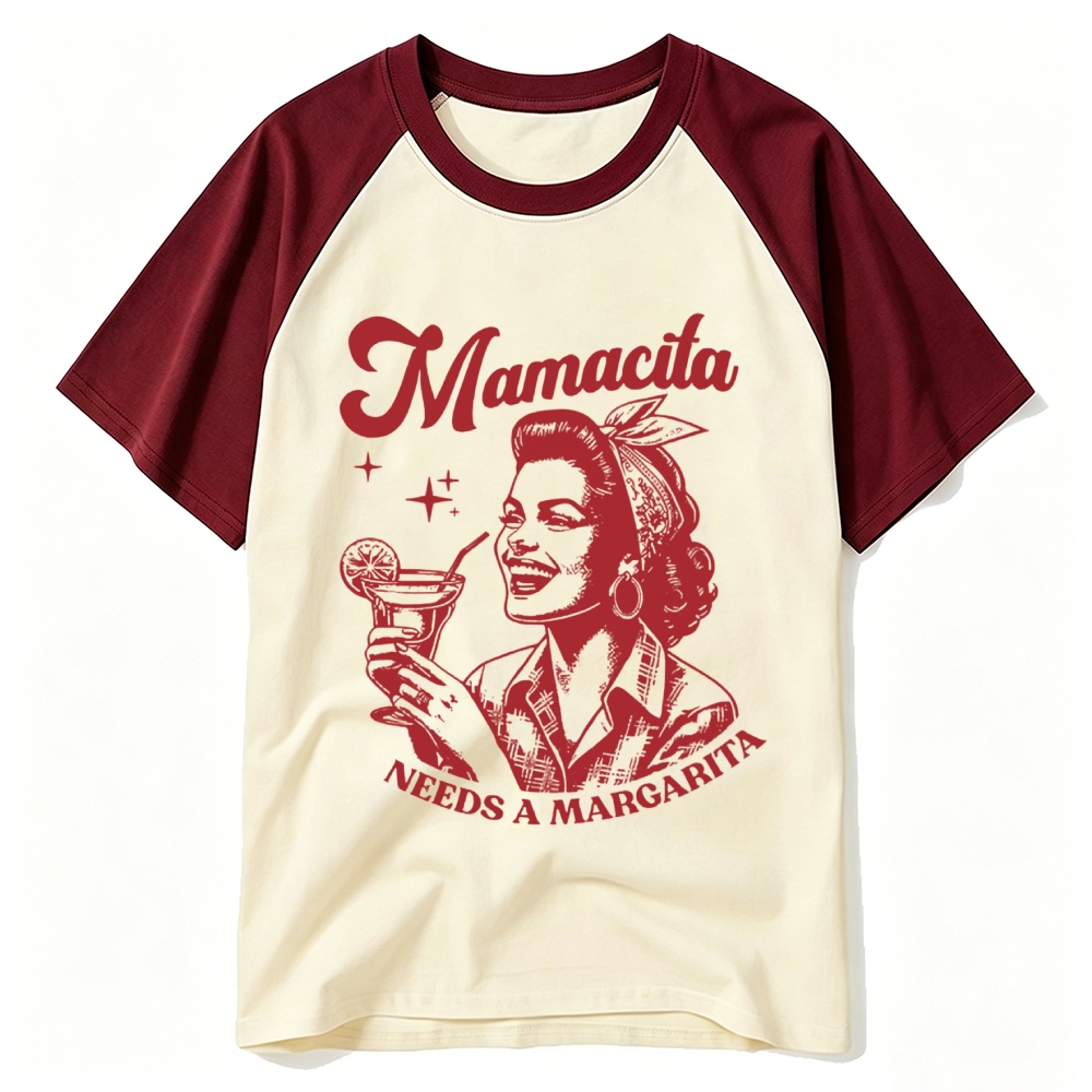 Retro Pin-up Lady Margarita Cocktail Vintage Letter Raglan Baseball T-shirt 