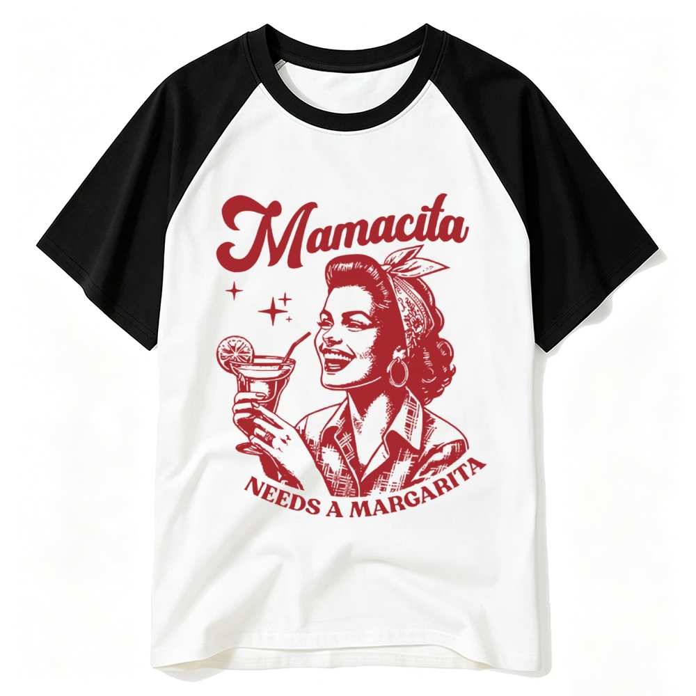 Retro Pin-up Lady Margarita Cocktail Vintage Letter Raglan Baseball T-shirt 
