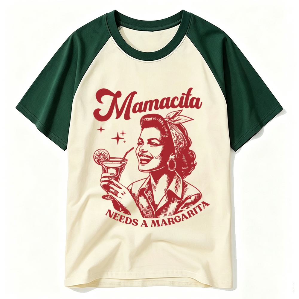 Retro Pin-up Lady Margarita Cocktail Vintage Letter Raglan Baseball T-shirt 