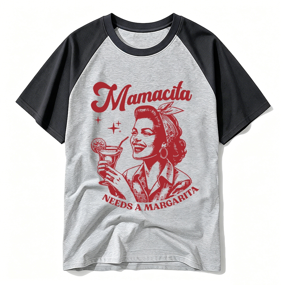 Retro Pin-up Lady Margarita Cocktail Vintage Letter Raglan Baseball T-shirt 