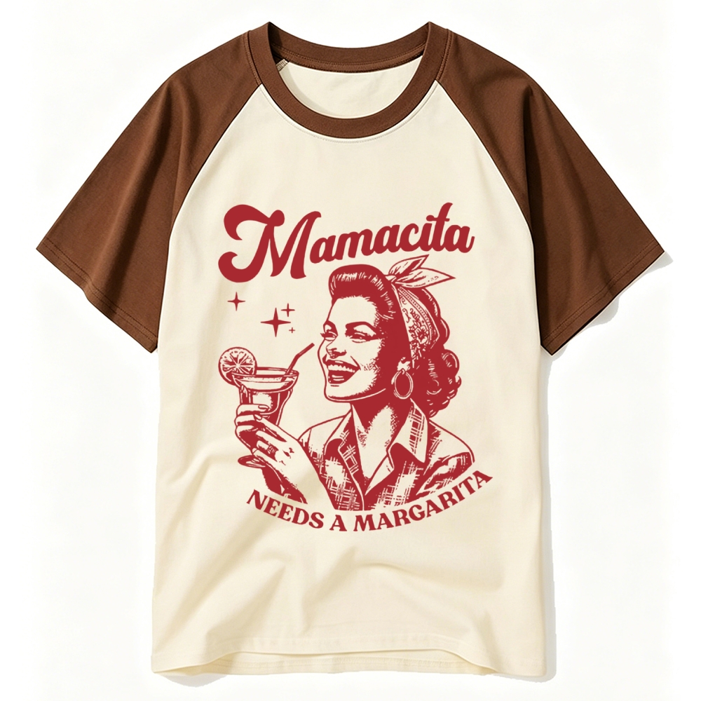 Retro Pin-up Lady Margarita Cocktail Vintage Letter Raglan Baseball T-shirt 