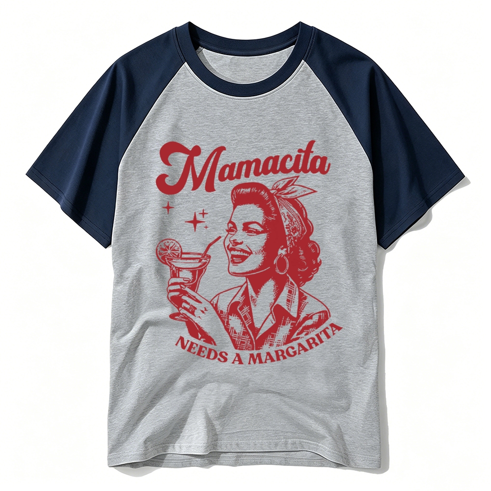 Retro Pin-up Lady Margarita Cocktail Vintage Letter Raglan Baseball T-shirt 