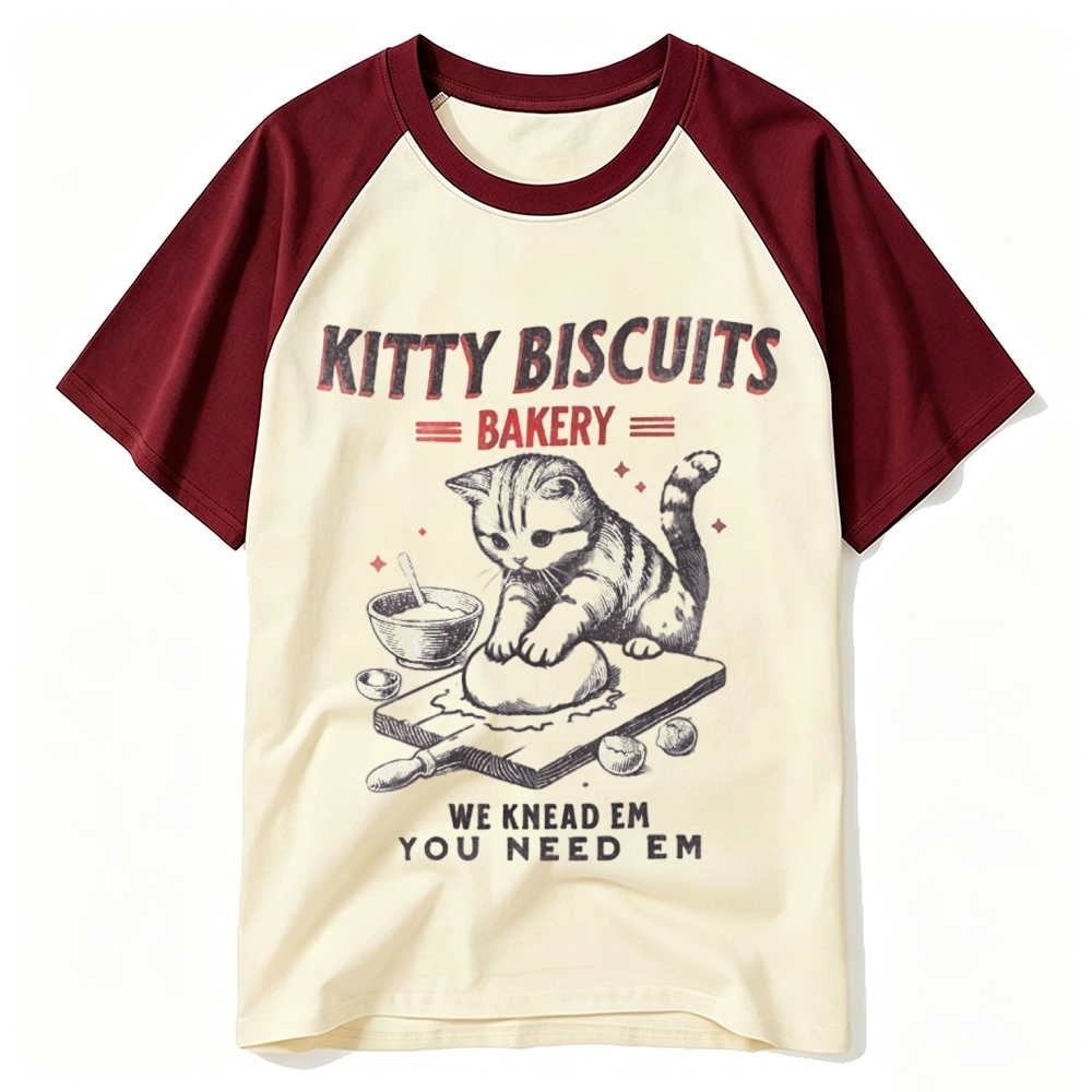 Vintage Bakery Kitten Biscuit Retro Cartoon Baseball T-shirt 