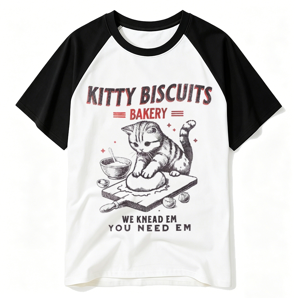Vintage Bakery Kitten Biscuit Retro Cartoon Baseball T-shirt 