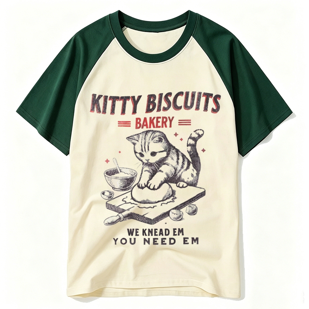 Vintage Bakery Kitten Biscuit Retro Cartoon Baseball T-shirt 